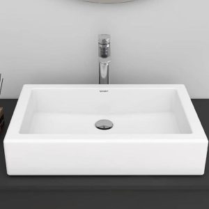 Bowl Bathroom Sink with Rectangle Shape, Center Trapway, Ceramic, Modish Style, Chalk Finish, Sink