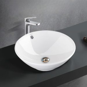 Modish Circular Ceramic Bowl Bathroom Sink with Overflow Hole, Supply Line, 1 Hole & Center Trapway, Sink & Drain Assembly & Faucet