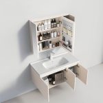 Bathroom Vanity with 4 Doors, White Faucet, Beige Base, Rectangular Ceramic Sink, Casual Style, and Backsplash, 31.9"L x 18.9"W x 17.3"H, Vanity & Faucet & Enclosed Mirror Cabinet