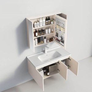 Bathroom Vanity with 4 Doors, White Faucet, Beige Base, Rectangular Ceramic Sink, Casual Style, and Backsplash, 31.9"L x 18.9"W x 17.3"H, Vanity & Faucet & Enclosed Mirror Cabinet