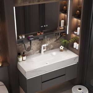 Dove Grey Bathroom Vanity with Sintered Stone Sink, 3 Doors, Chalk Faucet, Plug-in, 1 Medicine Cabinet, Shelf, Vanity & Faucet & Mirror Cabinet, 35"L x 20"W x 23"H