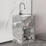 Marble Pedestal Bathroom Sink with 1 Hole, Shutoff Valve, Pedestal, and Center Trapway in Rectangular Modish Style, Dark Gray, Storage Not Included