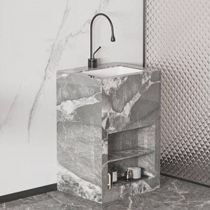 Marble Pedestal Bathroom Sink with 1 Hole, Shutoff Valve, Pedestal, and Center Trapway in Rectangular Modish Style, Dark Gray, Storage Not Included
