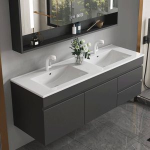 Chalk Watertight Bathroom Vanity with 5 Doors, 2 Drawers, Shelf, Plug-in, Including 1 Medicine Cabinet, Vanity & Faucet & Smart Medicine Cabinet