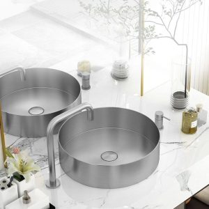 Modish Metallic Stainless Alloy Vessel Rounded Sink with 1 Hole, Center Trapway, Sensor Faucet