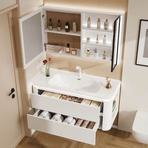 Hydrophobic White Bathroom Vanity with Plug-in 1 Medicine Cabinet, 2 Drawers, 2 Doors and Soft Close Door Hinge, Bathroom Vanity & Faucet & Smart Vanity Mirror Cabinet, 44"L x 20"W x 18"H