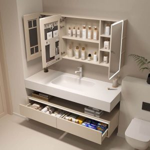 Waterproof White Sintered Stone Bathroom Vanity with Plug-in 1 Medicine Cabinet, 2 Drawers and Soft Close Door Hinge, 35.5"L x 20"W x 16"H, Vanity & Faucet & Fully Sealed Smart Mirror Cabinet, Cream