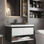 Stain Resistant Midnight Black Sintered Stone Bathroom Vanity with 2 Doors, White Rectangular Ceramic Sink, Vanity & Faucet & Mirror Cabinet, 35"L x 22"W x 20"H