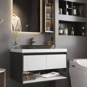 Stain Resistant Midnight Black Sintered Stone Bathroom Vanity with 2 Doors, White Rectangular Ceramic Sink, Vanity & Faucet & Mirror Cabinet, 35"L x 22"W x 20"H