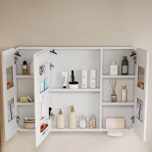6 Shelves White Aluminum Medicine Cabinet with Illumination Light, Rectangle Shape, Hydrophobic Resistance, and Plug-in, 43"L x 5"W x 28"H