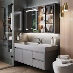 Gray Sink Finish Bathroom Vanity with Sintered Stone Sink, 5 Doors, Backsplash, Plug-in Feature, 1 Medicine Cabinet, and 2 Drawers, 39"L x 19"W x 20"H, Vanity & Faucet & Smart Half Mirror Cabinet