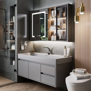 Gray Sink Finish Bathroom Vanity with Sintered Stone Sink, 5 Doors, Backsplash, Plug-in Feature, 1 Medicine Cabinet, and 2 Drawers, 39"L x 19"W x 20"H, Vanity & Faucet & Smart Half Mirror Cabinet