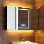 4 Shelves Ink Rectangle Medicine Cabinet with Illumination Light, Rainproof, Plug-in, and Specular Mirror, 39"L x 5"W x 26"H