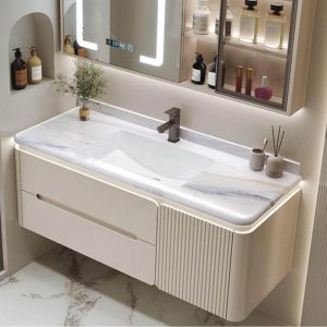 Waterproof Stone Bathroom Vanity with Plug-in 1 Medicine Cabinet, Beige 2 Drawers and Soft Close Door Hinge, Vanity & Faucet & Smart Medicine Cabinet, 31"L x 20"W x 19"H