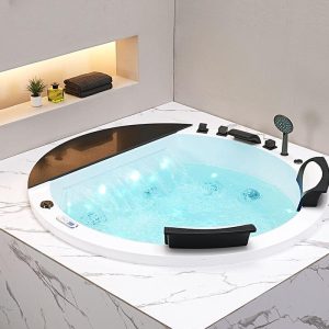 Circular Whirlpool Drop-in Bathtub with Massage, 3 Handles, Roll Top, Compression Faucet & Valve, 55"L x 55"W x 25"H, White 5-Piece Set & Massage