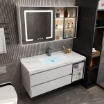 White Bathroom Vanity with Chrome Faucet, Stone Countertop, 2 Drawers, and Plug-in Backsplash, 39"L x 20"W x 19"H, Bathroom Vanity & Faucet & Smart Mirror Cabinet with Glass Door