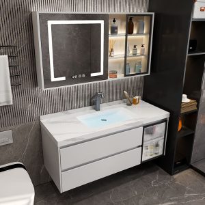White Bathroom Vanity with Chrome Faucet, Stone Countertop, 2 Drawers, and Plug-in Backsplash, 39"L x 20"W x 19"H, Bathroom Vanity & Faucet & Smart Mirror Cabinet with Glass Door