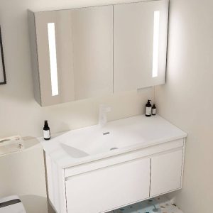 Spill Proof White Stone Rectangle Bathroom Vanity with 3 Doors, White Faucet and 1 Drawer, Vanity & Faucet & Smart Medicine Cabinet, 39"L x 20"W x 19"H