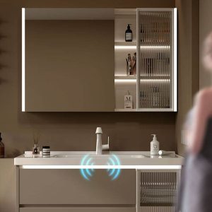 Spill Proof Bathroom Vanity with Chalk Faucet, Beige Base, 3 Doors, Backsplash, Rectangular Sink, and Shelf, 39.5"L x 20"W x 20"H, Bathroom Vanity & Faucet & Smart Mirror Cabinet with Glass Door
