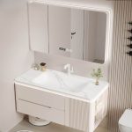 Stain Resistant Beige Bathroom Vanity with Sintered Stone Sink, 1 Door, 1 Mirror, Chalk Faucet, and Plug-in Feature, 47"L x 20"W x 20"H, Vanity & Faucet & Smart Mirror