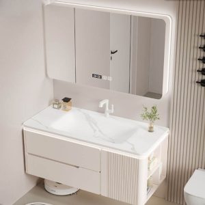 Stain Resistant Beige Bathroom Vanity with Sintered Stone Sink, 1 Door, 1 Mirror, Chalk Faucet, and Plug-in Feature, 47"L x 20"W x 20"H, Vanity & Faucet & Smart Mirror