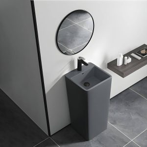69cm Modern Ceramic Rectangular Pedestal Sink with Supply Lines & Tall Height - Sink & Faucet & Mirror Grey