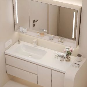 Stain Resistant Beige Stone Bathroom Vanity with Silver Faucet, 1 Mirror, Plug-in, and 2 Drawers, Vanity & Faucet & Smart Mirror, 55"L x 20"W x 25"H