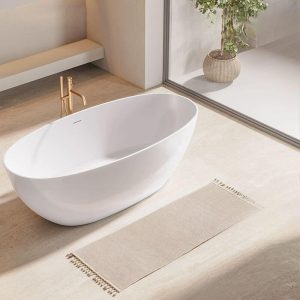 Stone Casual Oblong White Freestanding Bathtub with Roll Top Soaking Design, 55"L x 31"W x 22"H