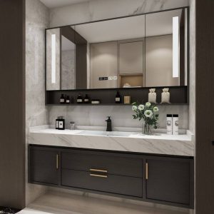 Midnight Black Bathroom Vanity with Sidesplash, Sintered Stone Countertop, Cabinet Hardware, 1 Mirror, White Sink & 2 Doors, 39.5"L x 22"W x 20"H, Bathroom Vanity & Faucet & Smart Square Mirror
