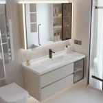 Chalk Top Bathroom Vanity with 4 Doors, Backsplash, Rectangular Sink, Shelf, Charcoal Faucet, and Modern Simple Style, 47"L x 20"W x 20"H, Vanity & Faucet & Mirror Cabinet