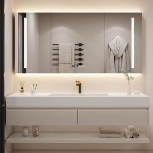 Sintered Stone Bathroom Vanity with 1 Mirror, Ivory Base, 3 Doors, Chalk Sink, Overflow Hole, and Ceramic Material, 63"L x 20"W x 17"H, Bathroom Vanity & Faucet & Smart Square Mirror