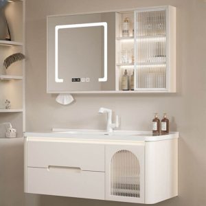 Spill Proof Bathroom Vanity with White Base, 3 Doors, Backsplash, Rectangular Sink, Shelf & Simplistic Style, 32"L x 20"W x 20"H, Bathroom Vanity & Faucet & Smart Mirror Cabinet with Glass Door