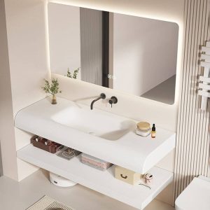 Sintered Stone Bathroom Vanity with 1 Mirror, White Base, Art Deco Style, Black Faucet, Drain Assembly, and Rectangular Sink, Vanity & Faucet & Smart Mirror, 51"L x 22"W x 10"H