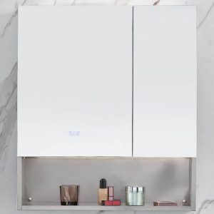 Silver Stainless Steel Rectangle Medicine Cabinet with Hinged Door, Mirror Defogger, 5 Shelves & Illuminating Light, 43"L x 5"W x 31"H