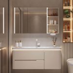 White Faucet Beige Bathroom Vanity with 3 Doors, Rectangle Sink, Shelf, Modern Simple Style, and Drain Assembly, 43"L x 20"W x 19"H, Bathroom Vanity & Faucet & Smart Vanity Mirror Cabinet