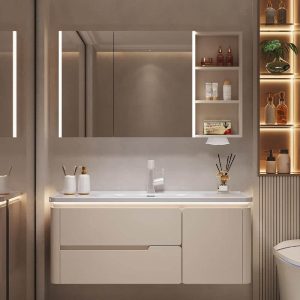 White Faucet Beige Bathroom Vanity with 3 Doors, Rectangle Sink, Shelf, Modern Simple Style, and Drain Assembly, 43"L x 20"W x 19"H, Bathroom Vanity & Faucet & Smart Vanity Mirror Cabinet