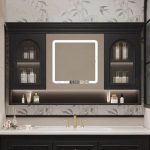 3 Doors Midnight Black Medicine Cabinet with Mirror Defogger, 3 Shelves, Lighting System, Rectangle Shape, and Hydrophobic, 39.4"L x 5.9"W x 29.5"H