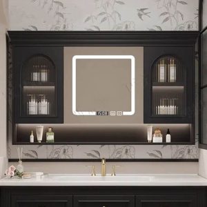 3 Doors Midnight Black Medicine Cabinet with Mirror Defogger, 3 Shelves, Lighting System, Rectangle Shape, and Hydrophobic, 39.4"L x 5.9"W x 29.5"H