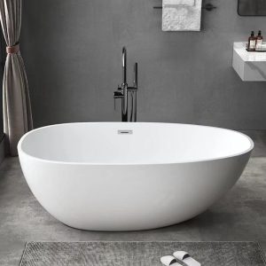Freestanding Bathtub with 2 Handles, Roll Top, Cartridge Faucet, Oval Shape, Valve, Casual Style, and White Color, 67"L x 32"W x 23"H, Bathtub & Gold Freestanding Faucet