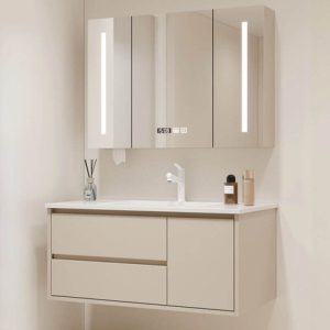 White Top Bathroom Vanity with 4 Doors, Rectangular Sink, Shelf, Modern Simple Style, Drain Assembly, and Overflow Hole, Vanity & Faucet & Mirror Cabinet, 28"L x 18"W x 19"H