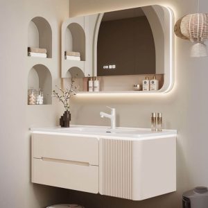 Lumber Bathroom Vanity with Sintered Stone Sink, 1 Door, White Faucet, Beige Base, and Chalk Rectangle Sink, Vanity & Faucet & Fully Sealed Smart Mirror Cabinet, 24"L x 20"W x 20"H, Slate