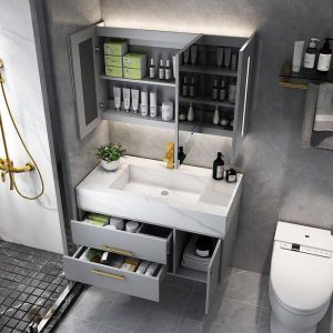Aureate Bathroom Vanity with Sintered Stone Countertop, Cabinet Hardware, Dove Grey Base, Chalk Finish, 3 Doors, Rectangular Sink, 27.5"L x 20"W x 22"H, Vanity & Faucet & Smart Medicine Cabinet