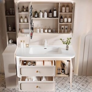 Bathroom Vanity with Cabinet Hardware, 4 Doors, White Faucet, Beige Base, Rectangular Sink, Shelf, and Modern Simple Style, Vanity & Faucet & Smart Medicine Cabinet, 48"L x 20"W x 19"H