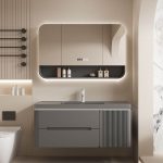 Modern Simple Style Grey Stone Bathroom Vanity with 4 Doors, Grey Base, White Faucet and Overflow Hole, 48"L x 20"W x 20"H, Vanity & Faucet & Semi-Enclosed Curved Smart Mirror Cabinet