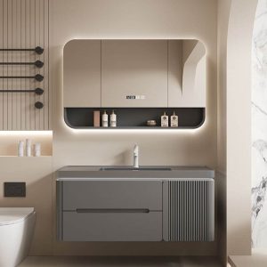 Modern Simple Style Grey Stone Bathroom Vanity with 4 Doors, Grey Base, White Faucet and Overflow Hole, 48"L x 20"W x 20"H, Vanity & Faucet & Semi-Enclosed Curved Smart Mirror Cabinet