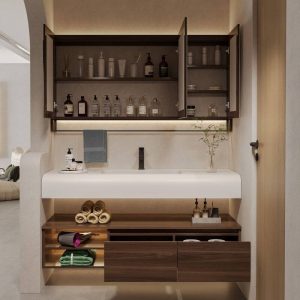 Cocoa Bathroom Vanity with 1 Drawer, Sintered Stone Sink, 2 Doors, Chalk Finish, Rectangular Shape, and Shelf, 27.6"L x 19.7"W x 5.9"H, Vanity & Faucet & Smart Medicine Cabinet