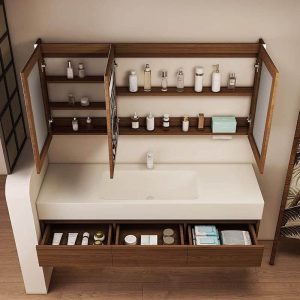 Cocoa Bathroom Vanity with Stone Sink, White Faucet, 3 Doors, Rectangular Sink, Shelf, and Modern Style, Vanity & Faucet & Mirror Cabinet, 43.3"L x 19.7"W x 18.1"H