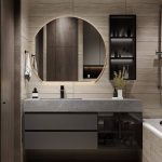 Dove Grey Sintered Stone Bathroom Vanity with 1 Mirror, Gray Base, 3 Doors, Rectangular Sink, and Shelf, 55"L x 20"W x 22"H, Vanity & Faucet & Smart Round Mirror & Sideboard
