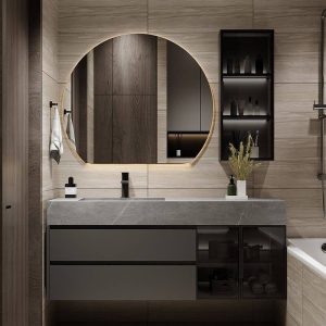 Dove Grey Sintered Stone Bathroom Vanity with 1 Mirror, Gray Base, 3 Doors, Rectangular Sink, and Shelf, 55"L x 20"W x 22"H, Vanity & Faucet & Smart Round Mirror & Sideboard