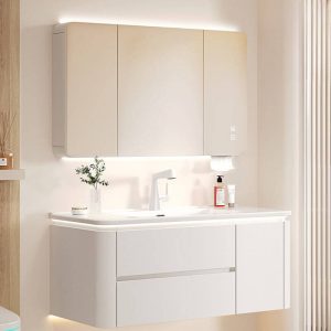 Bathroom Vanity with 4 Doors, White Base, Backsplash, Rectangular Sink, Shelf, Modern Simple Style, and Overflow Hole, Vanity & Faucet & Smart Medicine Cabinet, 48"L x 20"W x 19"H